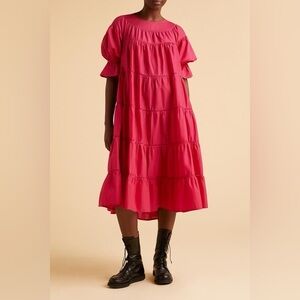 Merlette Paradis Dress Pink Tiered Ruffle Cotton Midi Size Medium